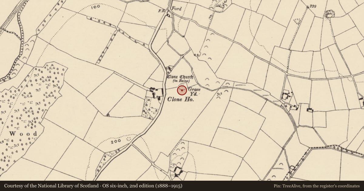 Ordnance Survey six-inch map, 2nd edition (1888–1915) covering the location of Cross-slab (present location), Clone, County Wexford, with a pin at the register's coordinates