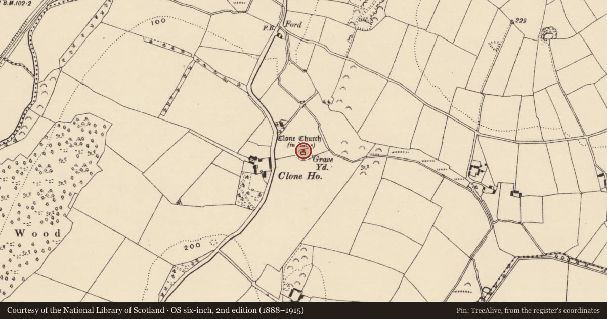 Ordnance Survey six-inch map, 2nd edition (1888–1915) covering the location of Ecclesiastical enclosure, Clone, County Wexford, with a pin at the register's coordinates