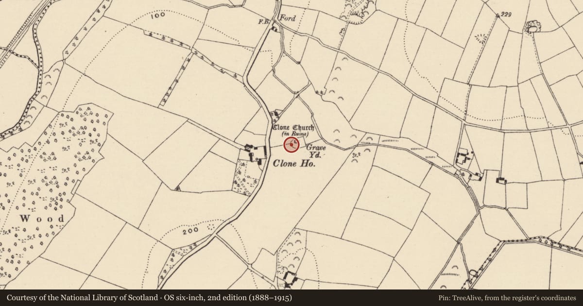 Ordnance Survey six-inch map, 2nd edition (1888–1915) covering the location of Passage tomb art, Clone, County Wexford, with a pin at the register's coordinates
