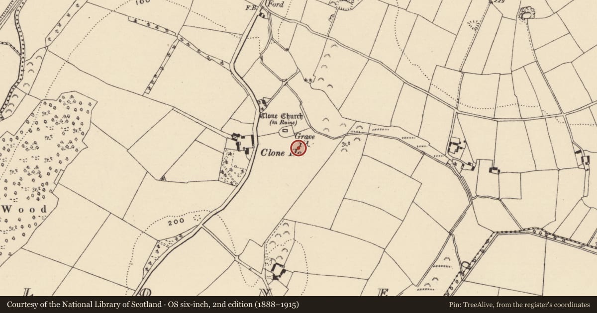 Ordnance Survey six-inch map, 2nd edition (1888–1915) covering the location of Cross-slab, Clone, County Wexford, with a pin at the register's coordinates