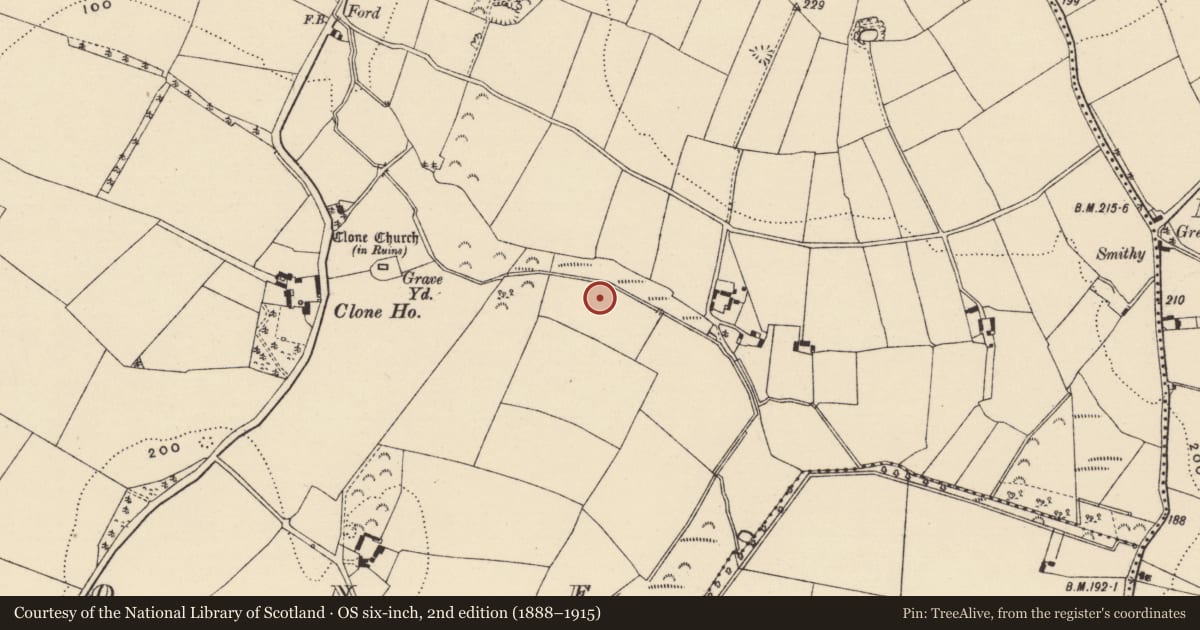 Ordnance Survey six-inch map, 2nd edition (1888–1915) covering the location of Ringfort - unclassified, Clone, County Wexford, with a pin at the register's coordinates