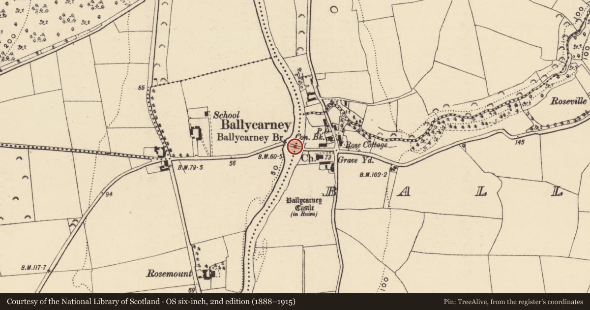 Ordnance Survey six-inch map, 2nd edition (1888–1915) covering the location of Bridge, Ballycarney, Tomgarrow, County Wexford, with a pin at the register's coordinates