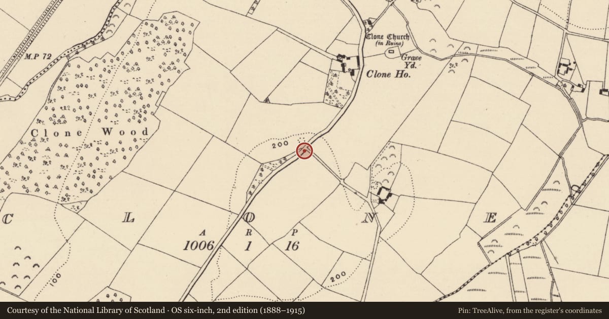 Ordnance Survey six-inch map, 2nd edition (1888–1915) covering the location of Inscribed stone, Clone, County Wexford, with a pin at the register's coordinates