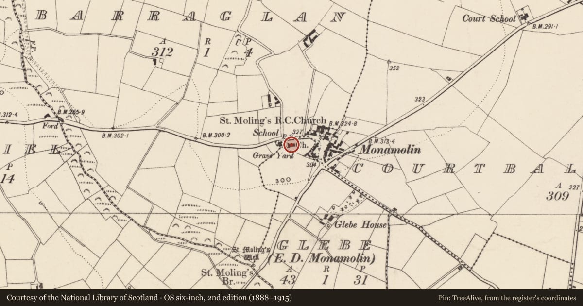 Ordnance Survey six-inch map, 2nd edition (1888–1915) covering the location of Church, Glebe, County Wexford, with a pin at the register's coordinates