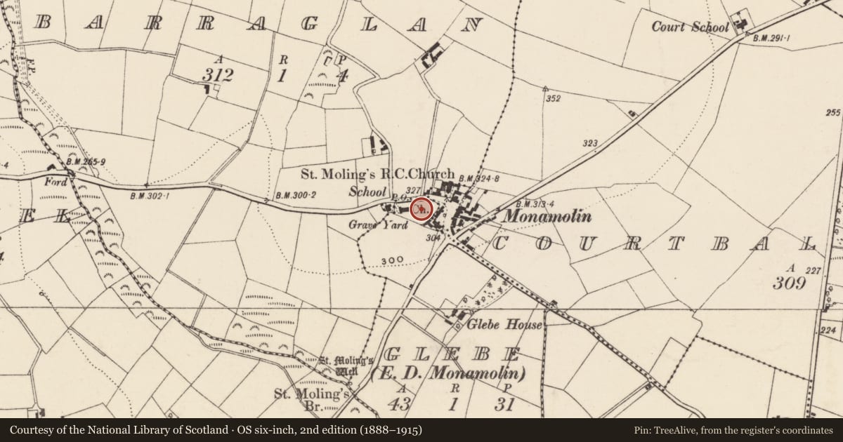 Ordnance Survey six-inch map, 2nd edition (1888–1915) covering the location of Graveyard, Glebe, County Wexford, with a pin at the register's coordinates