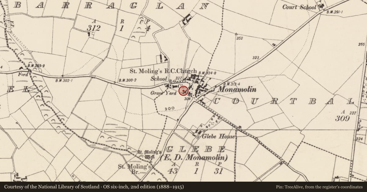 Ordnance Survey six-inch map, 2nd edition (1888–1915) covering the location of Standing stone, Glebe, County Wexford, with a pin at the register's coordinates