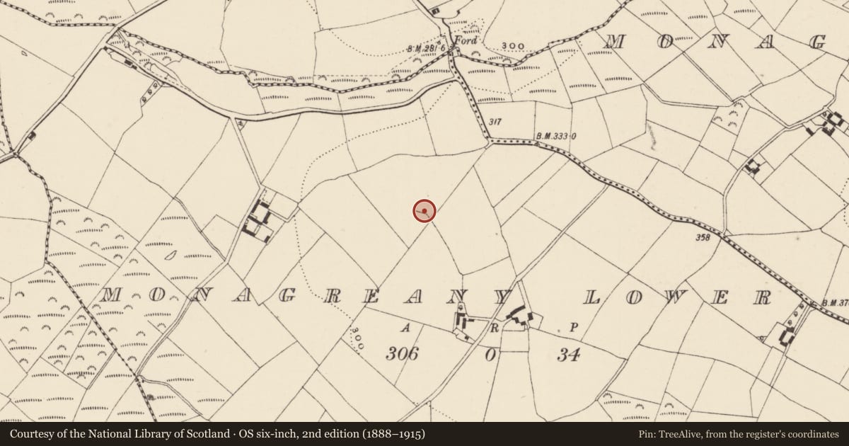 Ordnance Survey six-inch map, 2nd edition (1888–1915) covering the location of Moated site, Monagreany Lower, County Wexford, with a pin at the register's coordinates