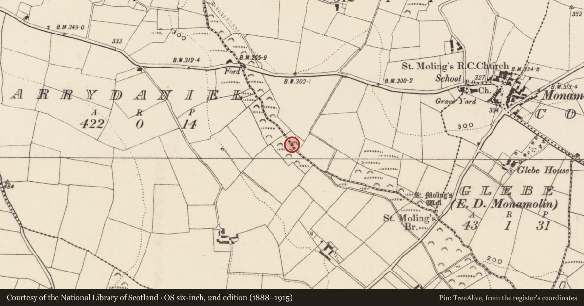 Ordnance Survey six-inch map, 2nd edition (1888–1915) covering the location of Water mill - horizontal-wheeled, Garrydaniel, Barraglan, County Wexford, with a pin at the register's coordinates