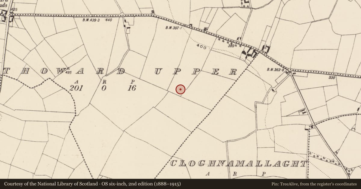 Ordnance Survey six-inch map, 2nd edition (1888–1915) covering the location of Ringfort - rath, Mounthoward Upper, County Wexford, with a pin at the register's coordinates