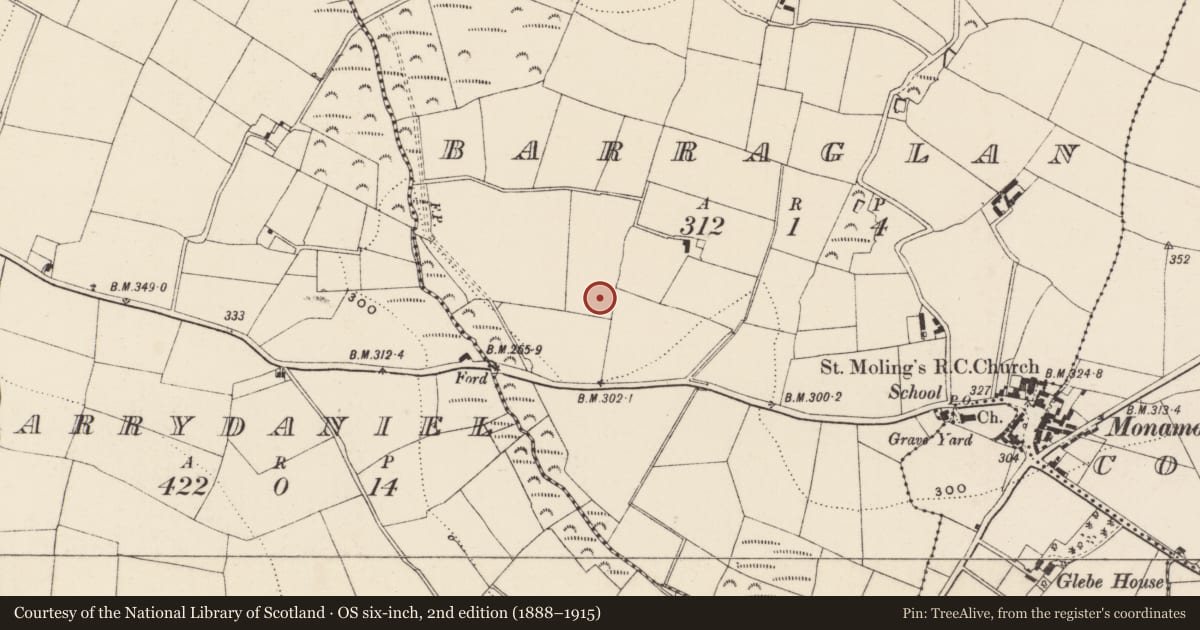 Ordnance Survey six-inch map, 2nd edition (1888–1915) covering the location of Enclosure, Barraglan, County Wexford, with a pin at the register's coordinates
