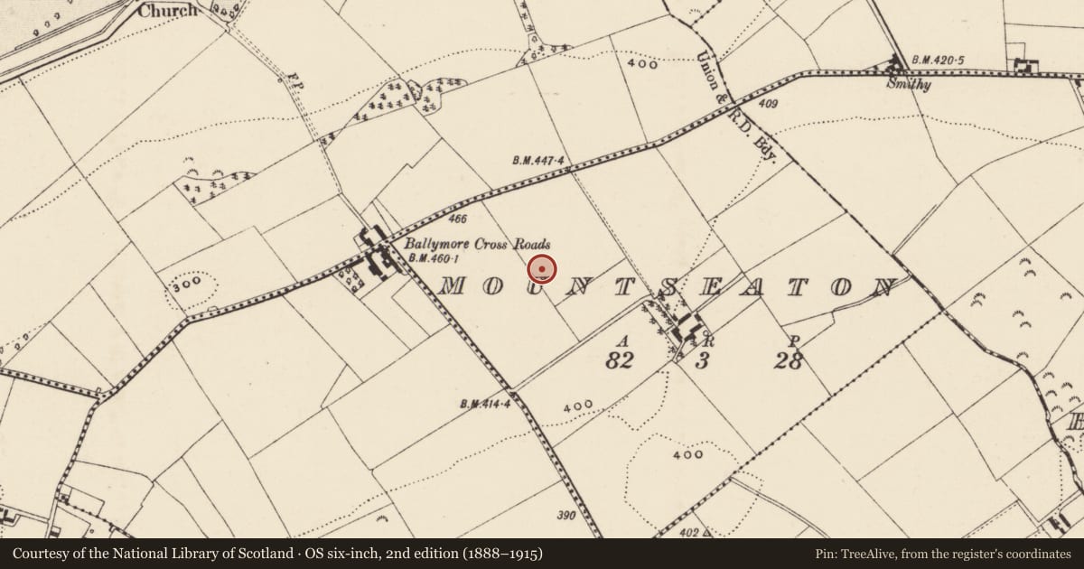 Ordnance Survey six-inch map, 2nd edition (1888–1915) covering the location of Enclosure, Mountseaton, County Wexford, with a pin at the register's coordinates