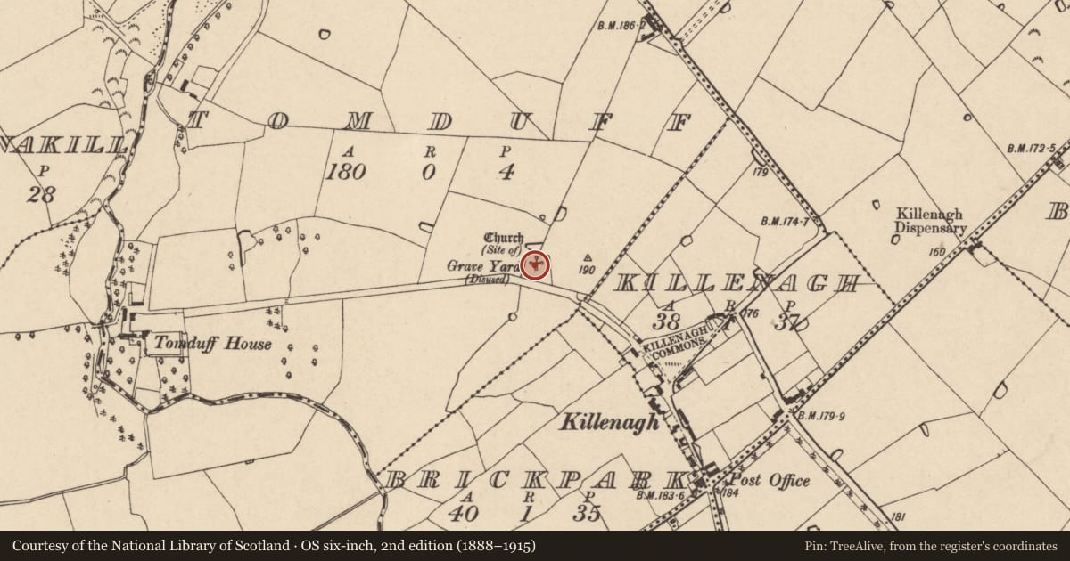 Ordnance Survey six-inch map, 2nd edition (1888–1915) covering the location of Church, Tomduff, County Wexford, with a pin at the register's coordinates