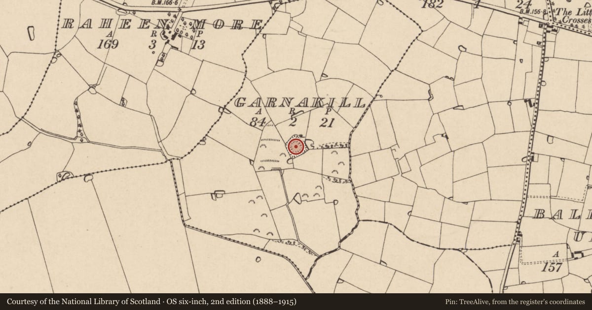 Ordnance Survey six-inch map, 2nd edition (1888–1915) covering the location of Moated site, Garnakill, County Wexford, with a pin at the register's coordinates