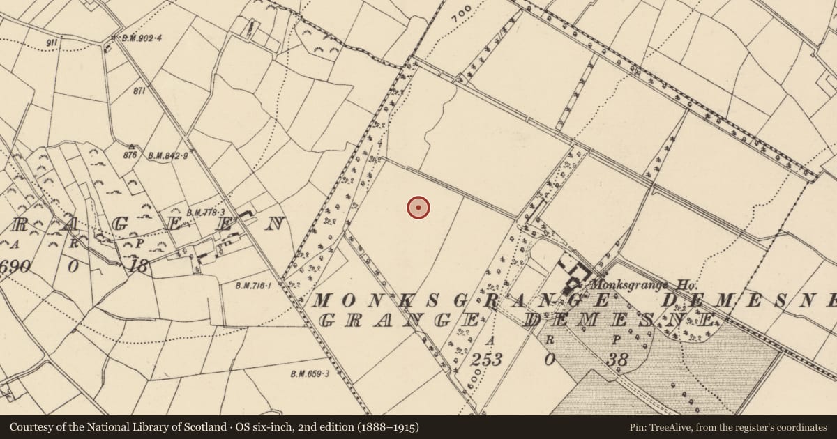 Ordnance Survey six-inch map, 2nd edition (1888–1915) covering the location of Mound, Grange Demesne, County Wexford, with a pin at the register's coordinates