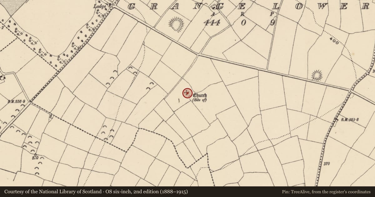 Ordnance Survey six-inch map, 2nd edition (1888–1915) covering the location of Church, Grange Lower, County Wexford, with a pin at the register's coordinates