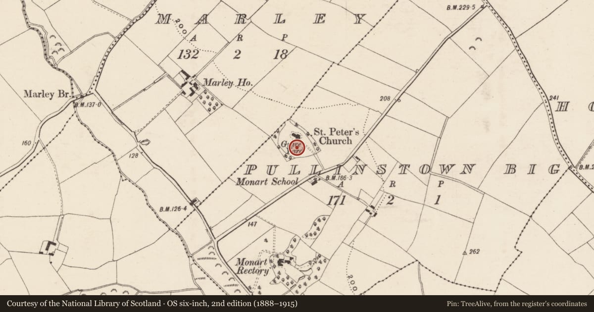 Ordnance Survey six-inch map, 2nd edition (1888–1915) covering the location of Architectural fragment, Pullingstown Big, County Wexford, with a pin at the register's coordinates