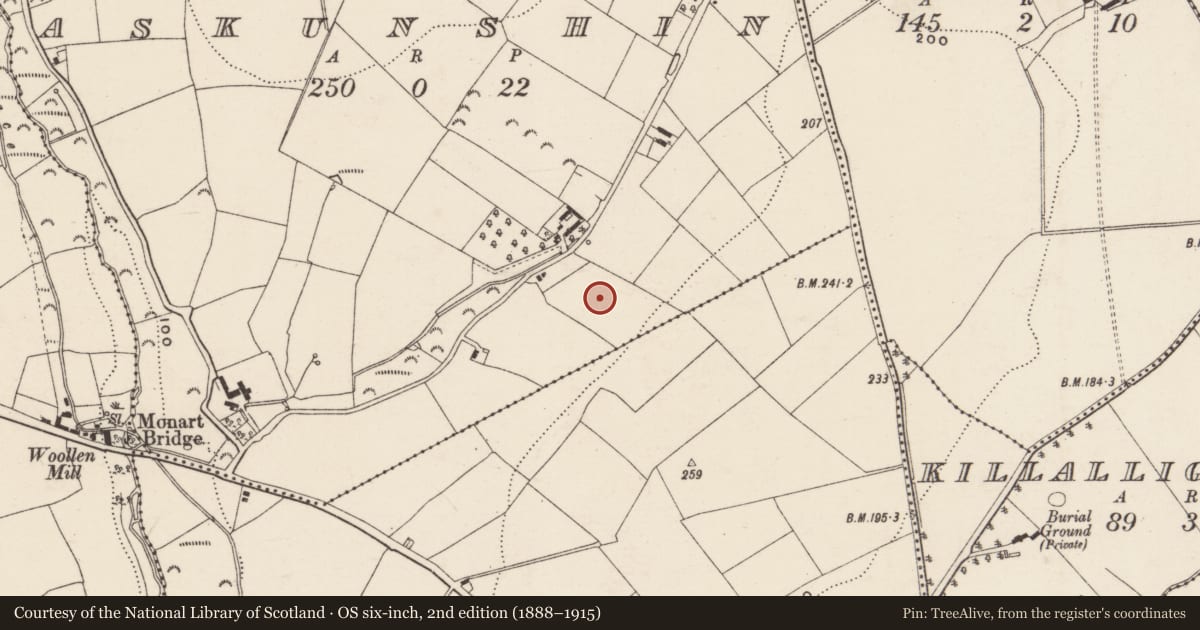 Ordnance Survey six-inch map, 2nd edition (1888–1915) covering the location of Pit-burial, Askunshin, County Wexford, with a pin at the register's coordinates