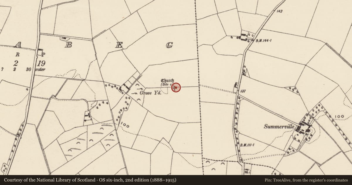 Ordnance Survey six-inch map, 2nd edition (1888–1915) covering the location of Church, Killabeg, County Wexford, with a pin at the register's coordinates