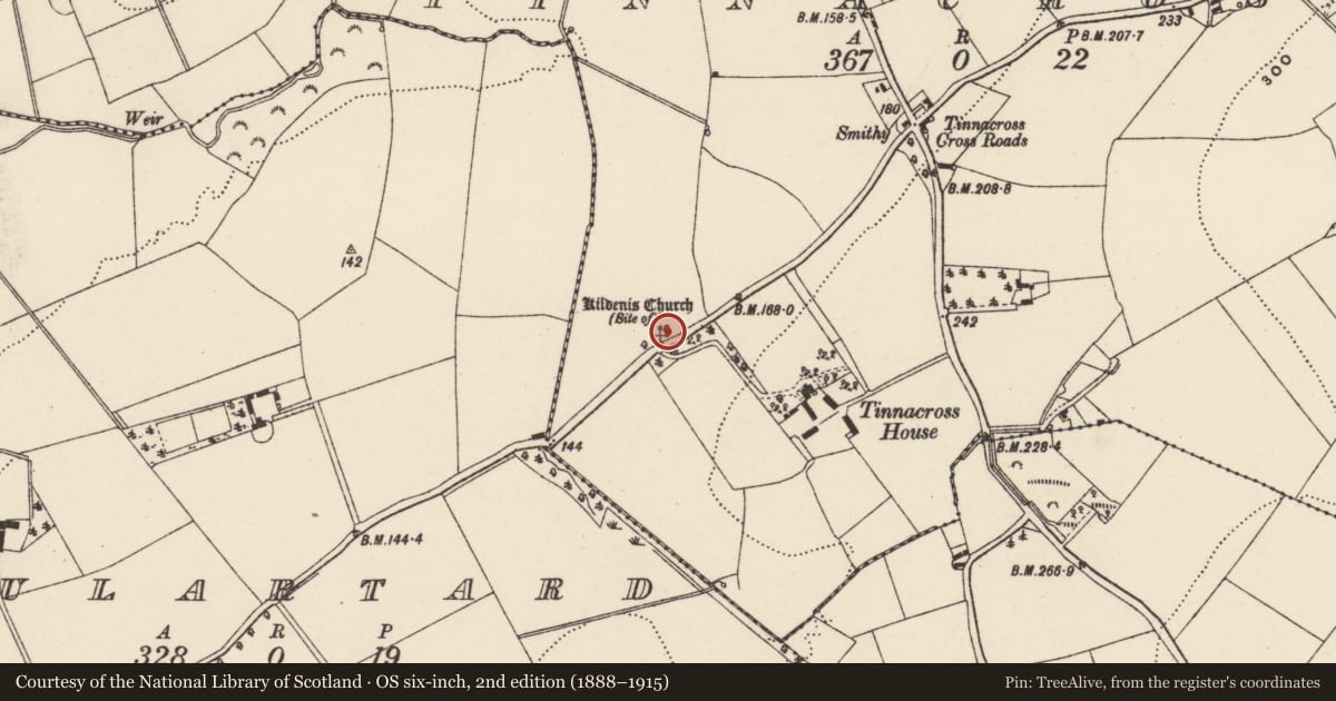 Ordnance Survey six-inch map, 2nd edition (1888–1915) covering the location of Church, Tinnacross, County Wexford, with a pin at the register's coordinates