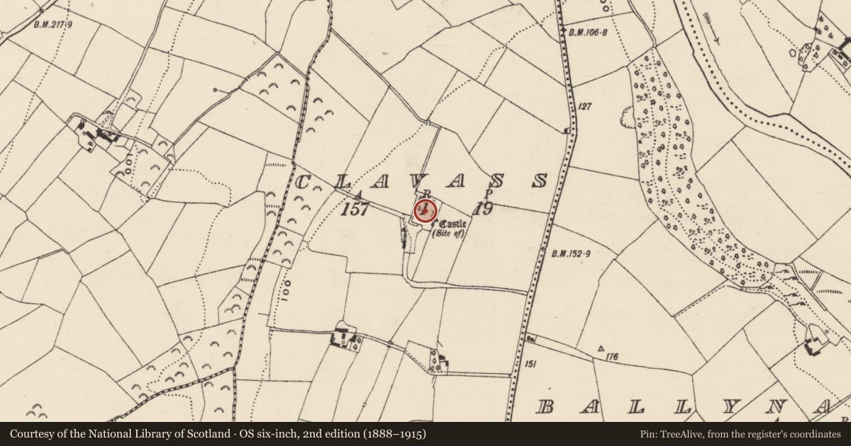 Ordnance Survey six-inch map, 2nd edition (1888–1915) covering the location of Moated site, Clavass, County Wexford, with a pin at the register's coordinates