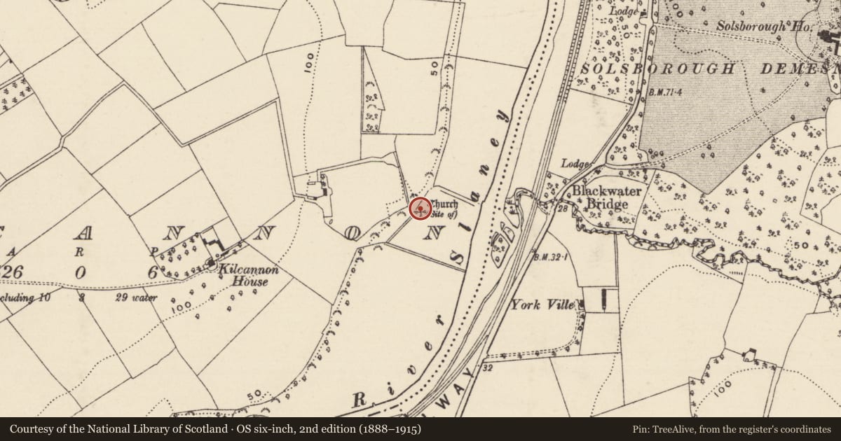 Ordnance Survey six-inch map, 2nd edition (1888–1915) covering the location of Ecclesiastical enclosure, Kilcannon, County Wexford, with a pin at the register's coordinates