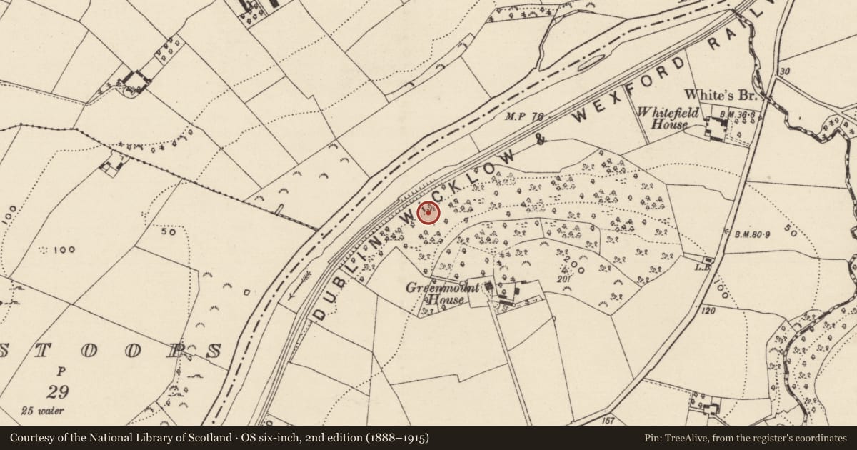Ordnance Survey six-inch map, 2nd edition (1888–1915) covering the location of Enclosure, Clonhasten, County Wexford, with a pin at the register's coordinates