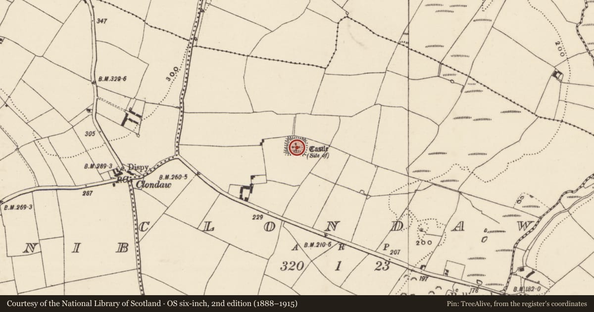 Ordnance Survey six-inch map, 2nd edition (1888–1915) covering the location of Moated site, Clondaw, County Wexford, with a pin at the register's coordinates