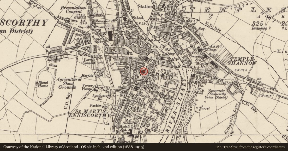 Ordnance Survey six-inch map, 2nd edition (1888–1915) covering the location of Church, Enniscorthy, County Wexford, with a pin at the register's coordinates
