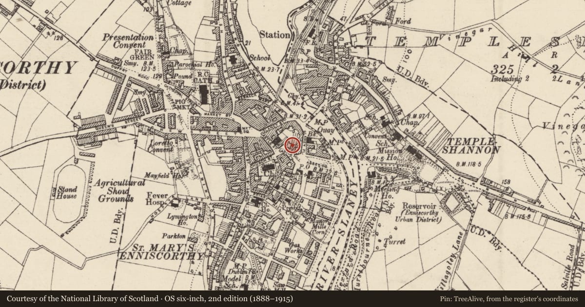 Ordnance Survey six-inch map, 2nd edition (1888–1915) covering the location of Ogham stone (present location), Enniscorthy, County Wexford, with a pin at the register's coordinates
