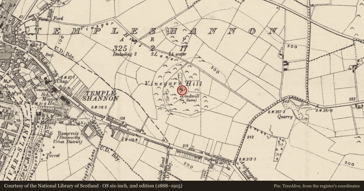 Ordnance Survey six-inch map, 2nd edition (1888–1915) covering the location of Windmill, Templeshannon, County Wexford, with a pin at the register's coordinates