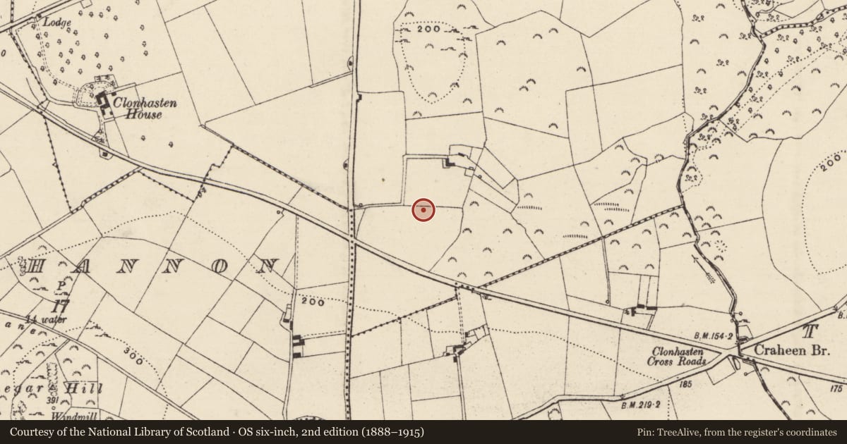 Ordnance Survey six-inch map, 2nd edition (1888–1915) covering the location of Ringfort - rath, Clonhasten, County Wexford, with a pin at the register's coordinates