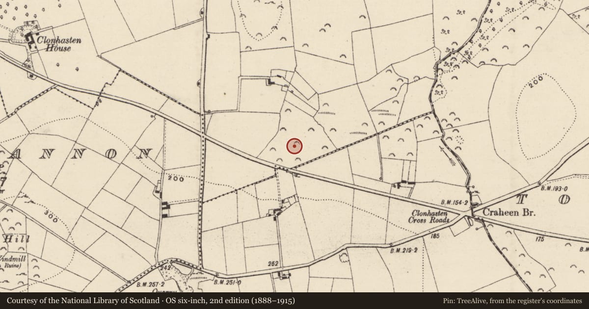 Ordnance Survey six-inch map, 2nd edition (1888–1915) covering the location of Burnt mound, Clonhasten, County Wexford, with a pin at the register's coordinates