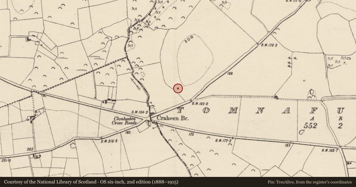 Ordnance Survey six-inch map, 2nd edition (1888–1915) covering the location of Enclosure, Tomnafunshoge, County Wexford, with a pin at the register's coordinates
