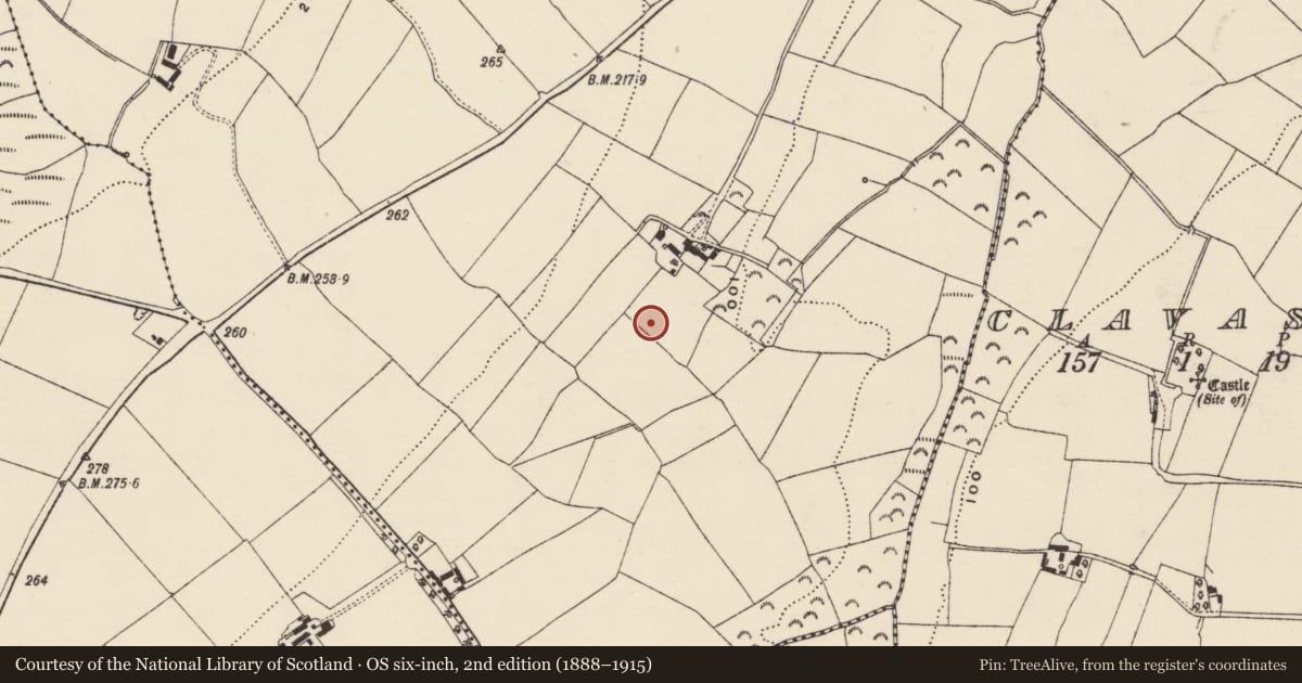 Ordnance Survey six-inch map, 2nd edition (1888–1915) covering the location of Ring-ditch, Coolnahorna, County Wexford, with a pin at the register's coordinates