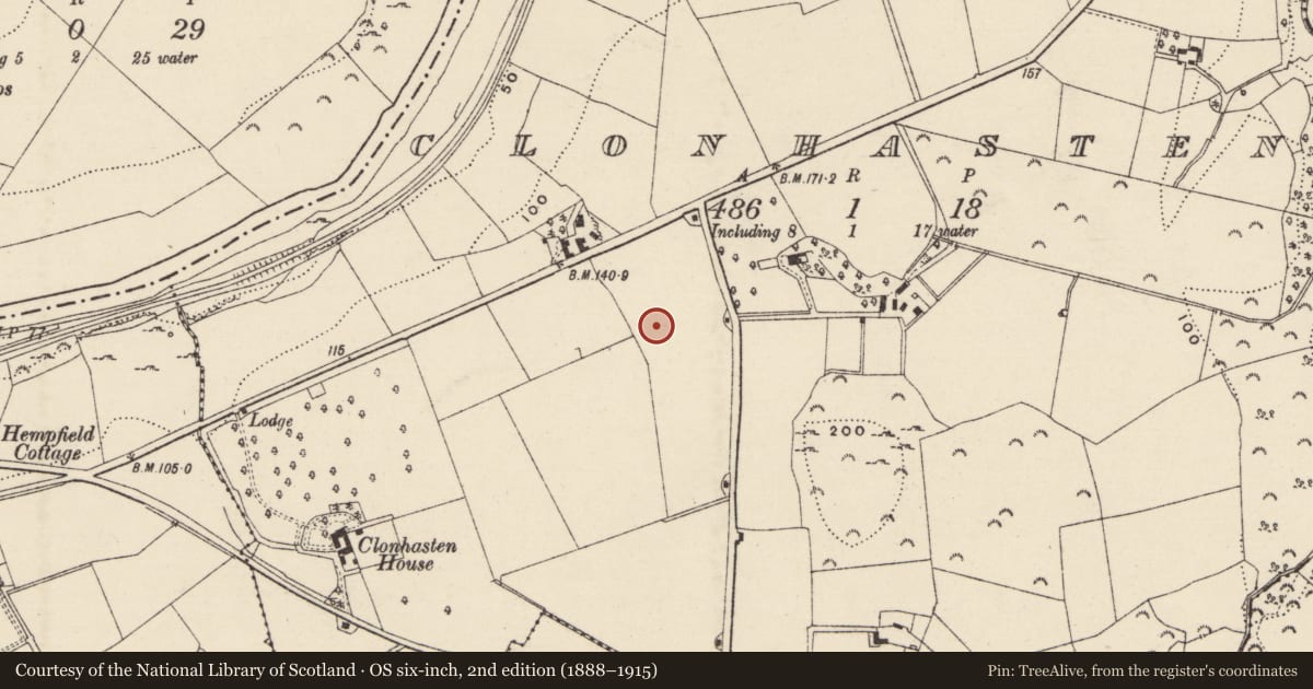 Ordnance Survey six-inch map, 2nd edition (1888–1915) covering the location of Burnt mound, Clonhasten, County Wexford, with a pin at the register's coordinates