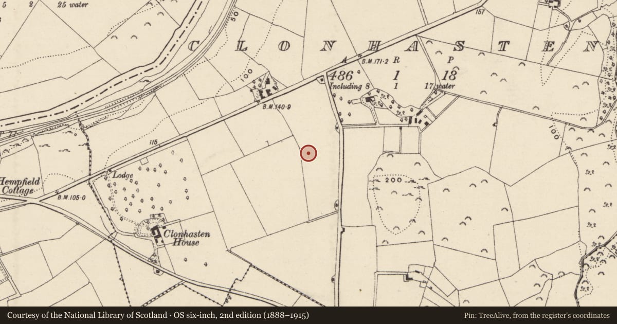 Ordnance Survey six-inch map, 2nd edition (1888–1915) covering the location of Burnt mound, Clonhasten, County Wexford, with a pin at the register's coordinates