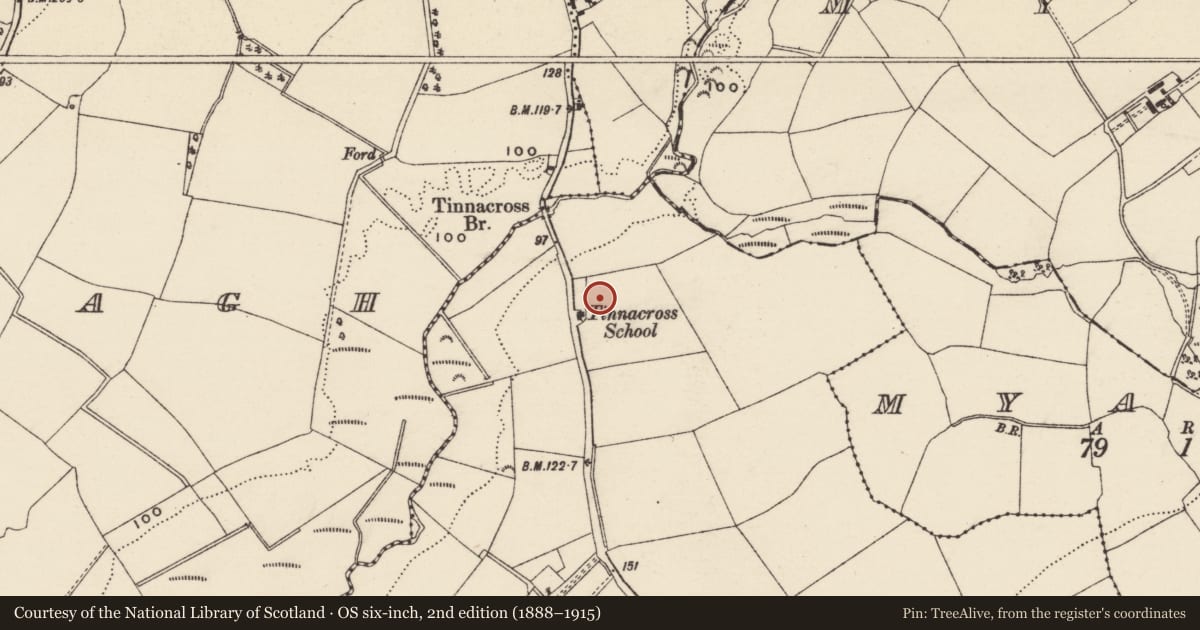 Ordnance Survey six-inch map, 2nd edition (1888–1915) covering the location of Flat cemetery, Tinnacross, County Wexford, with a pin at the register's coordinates