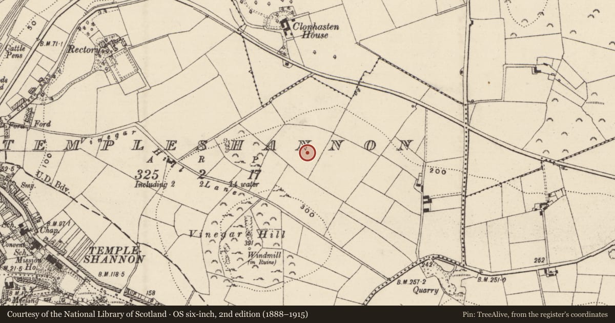 Ordnance Survey six-inch map, 2nd edition (1888–1915) covering the location of Battlefield, County Wexford, with a pin at the register's coordinates