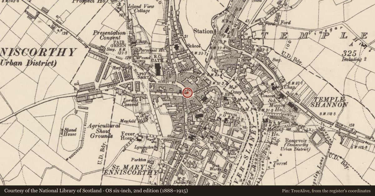 Ordnance Survey six-inch map, 2nd edition (1888–1915) covering the location of Battlefield, Enniscorthy, County Wexford, with a pin at the register's coordinates