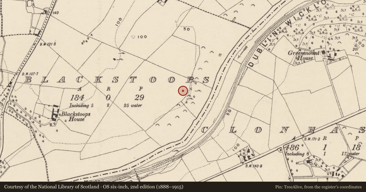 Ordnance Survey six-inch map, 2nd edition (1888–1915) covering the location of Ringfort - rath, Blackstoops, County Wexford, with a pin at the register's coordinates