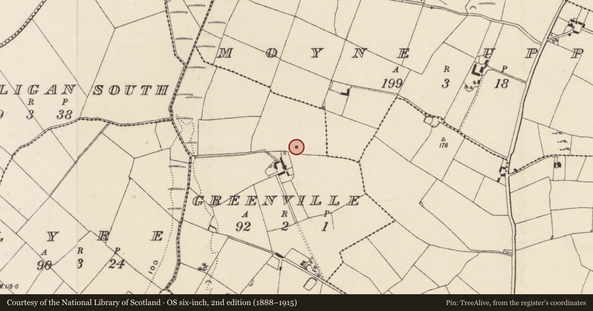 Ordnance Survey six-inch map, 2nd edition (1888–1915) covering the location of Enclosure, Greenville, County Wexford, with a pin at the register's coordinates
