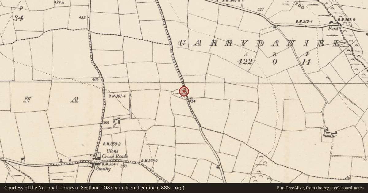 Ordnance Survey six-inch map, 2nd edition (1888–1915) covering the location of Ringfort - unclassified, Clone East, County Wexford, with a pin at the register's coordinates