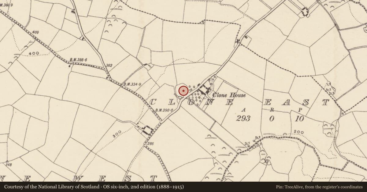 Ordnance Survey six-inch map, 2nd edition (1888–1915) covering the location of Ringfort - rath, Clone East, County Wexford, with a pin at the register's coordinates