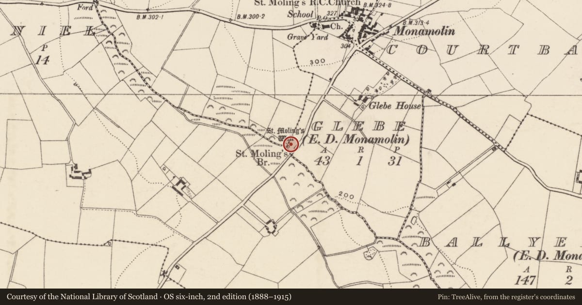 Ordnance Survey six-inch map, 2nd edition (1888–1915) covering the location of Ritual site - holy well, Glebe, County Wexford, with a pin at the register's coordinates