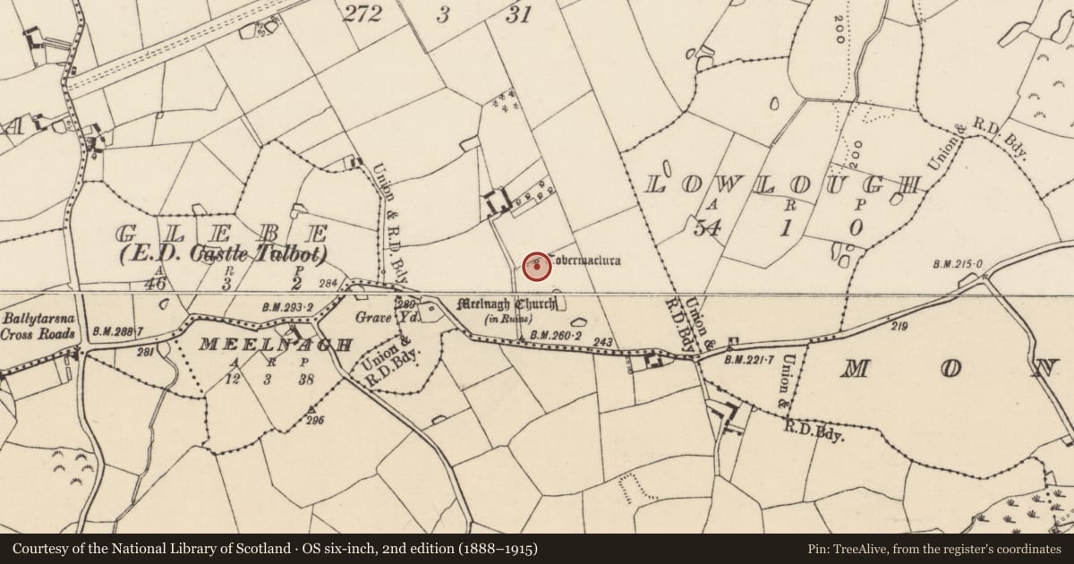 Ordnance Survey six-inch map, 2nd edition (1888–1915) covering the location of Ritual site - holy well, Killagowan, County Wexford, with a pin at the register's coordinates