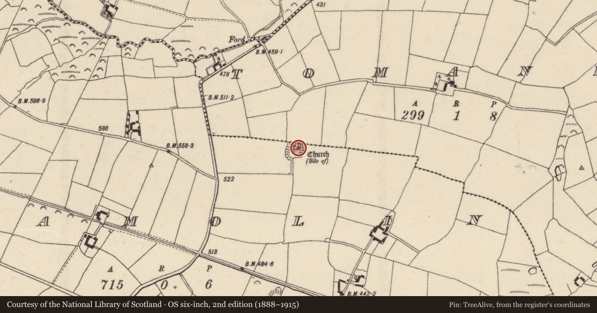 Ordnance Survey six-inch map, 2nd edition (1888–1915) covering the location of Graveyard, Monamolin, County Wexford, with a pin at the register's coordinates