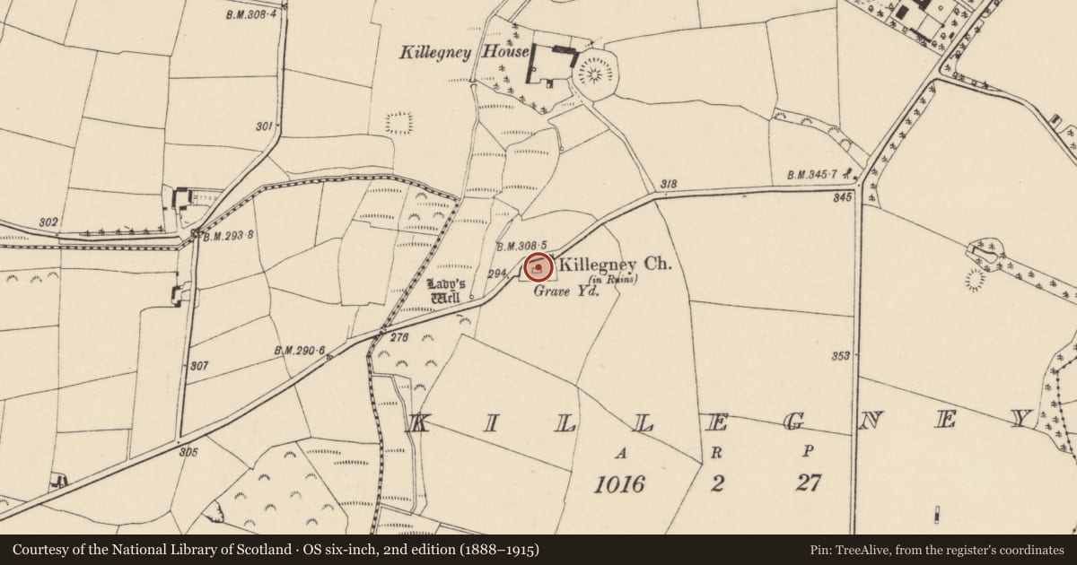 Ordnance Survey six-inch map, 2nd edition (1888–1915) covering the location of Graveyard, Killegney, County Wexford, with a pin at the register's coordinates