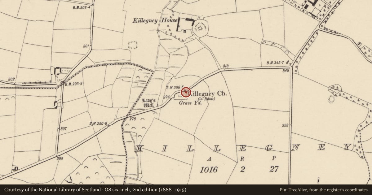 Ordnance Survey six-inch map, 2nd edition (1888–1915) covering the location of Ecclesiastical enclosure, Killegney, County Wexford, with a pin at the register's coordinates