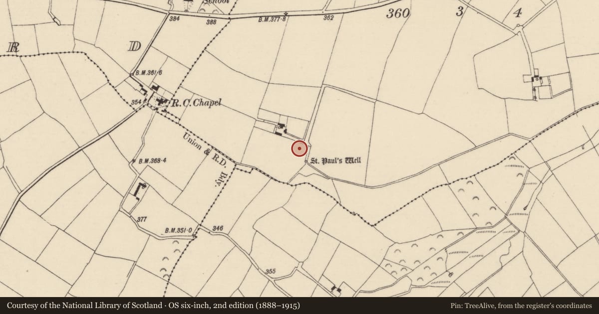 Ordnance Survey six-inch map, 2nd edition (1888–1915) covering the location of Moated site, Pollpeasty, County Wexford, with a pin at the register's coordinates