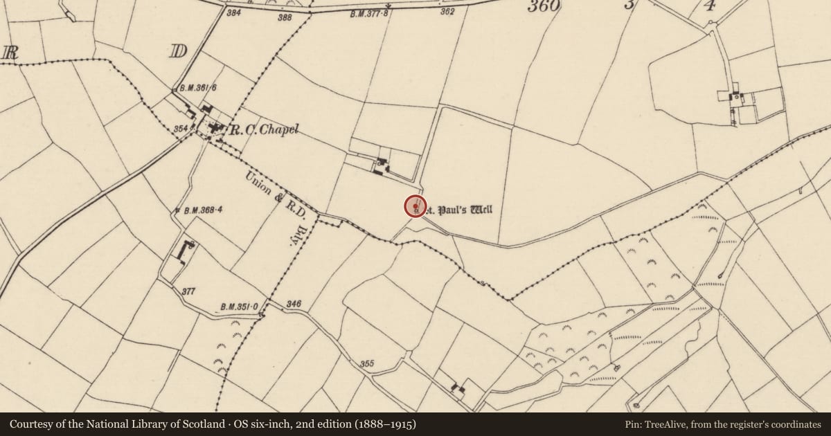 Ordnance Survey six-inch map, 2nd edition (1888–1915) covering the location of Ritual site - holy well, Pollpeasty, County Wexford, with a pin at the register's coordinates